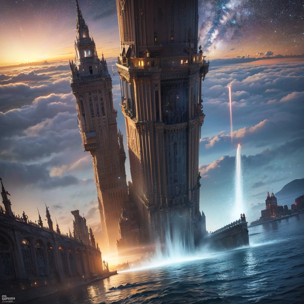 (8k, highest quality, masterpiece, final fantasy style: 1.2), (unRealistic, photoRealistic: 1.37), Dreamy landscape, Fantasy, Unsurreal landscapes, Super detailed, Flying metallic futuristic Castle, Floating Island in the Sky, Seven-colored swirl of light, Intense lightning, milky way, Complex Light, Colored light, Large Lake, Starry sky reflected on the lake surface, Countless shining stars, Meteors, Reflections , (A pillar of light emanated from the ground:1,2), roses and orchids gardens , sunset, pink clouds, waterfalls in the sky, realistic style, Hyperrealism drawing, a flying pirate spaceship floating at the clouds level, burning skyscrapers, cyborgs, timeless realms , floating ships, casting spell, healing light magic effect, in a magical lagoon of the fairyland, crystal clear water surface reflections, sharp focus, looking at viewer, (close-up:0.9), (bright white theme:1.2), (bright white tone:1.2), (deep blue tone:1.3),((( realistic, Hyperrealism,vivid colours , cyborgs, metallic devices, science fiction themes )))