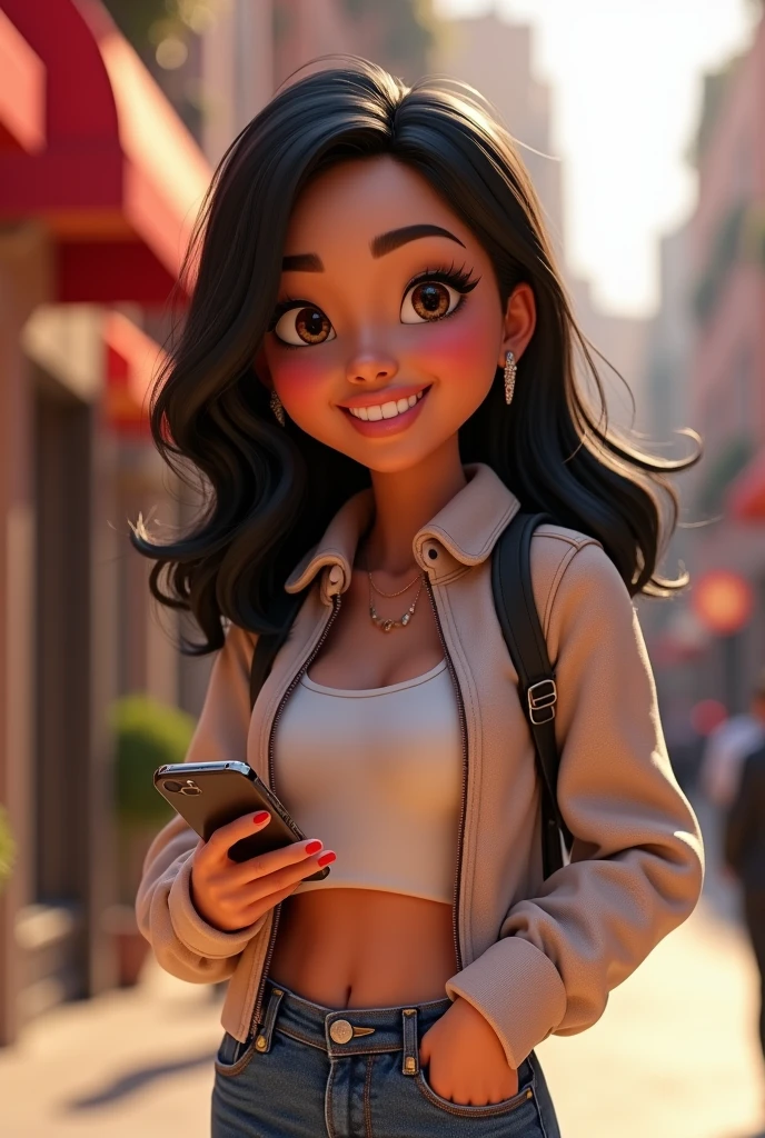 3D character from Disney animation, Pixar style, full body, smiling, brown eyes with beautiful eyelashes, the glamorous one, shoulder-length straight black hair, denim clothes, jacket, black tennis shoes, clean bottom. cinematic lighting, ray tracing, high details, 3D rendering with hands on waist and holding an iPhone