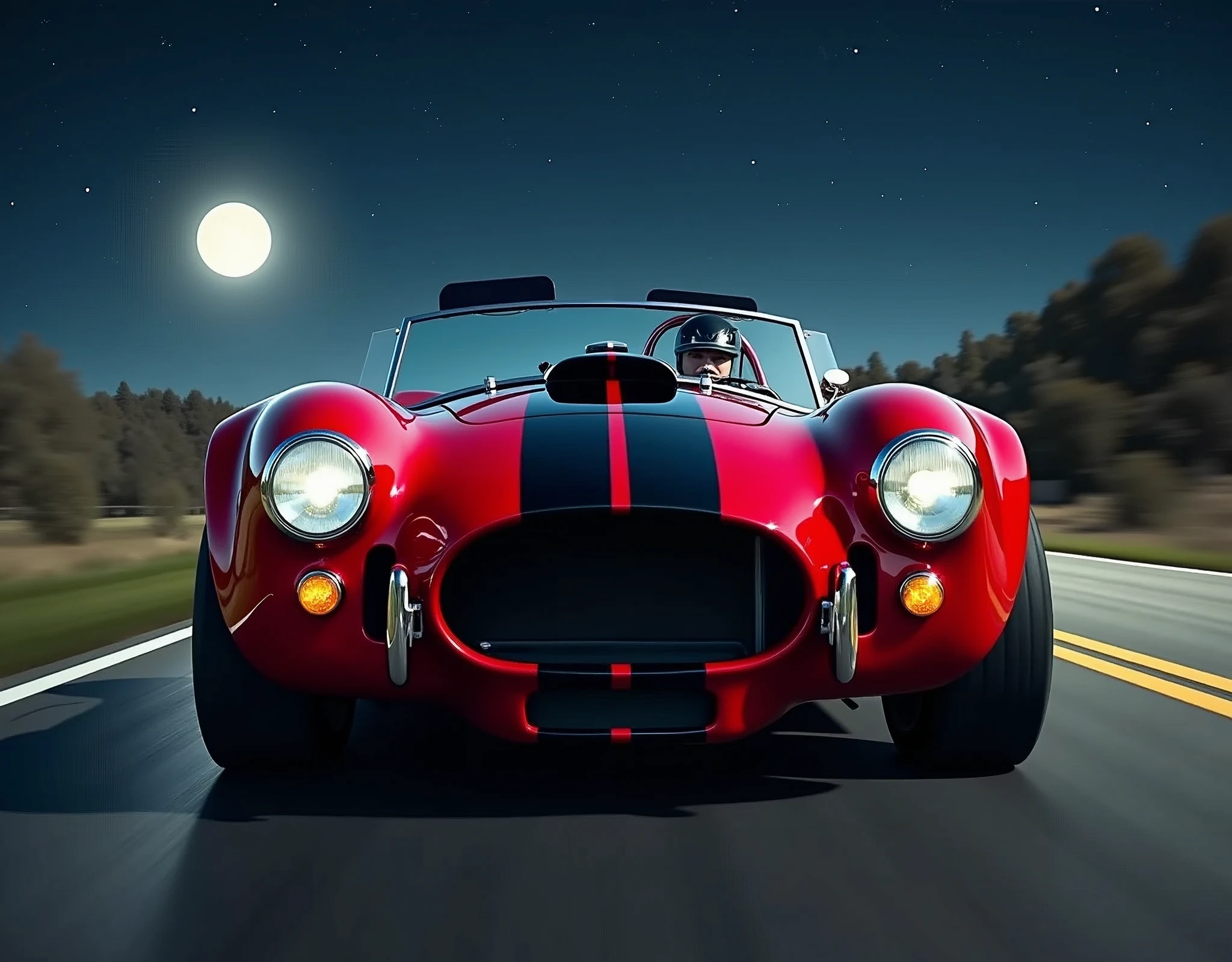A cinematic wide-angle shot captures a gleaming 1966 fire red with black race strip down the center of the Shelby Cobra 427 Super Snake headlight beams piercing the darkness as it speeds down the road at night, stars and moon bold in the dark of night, every detail - from the gleaming wheels to the sculpted fenders - a testament to masterful realism., Hyperrealism, high detail, retina, masterpiece, accurate, anatomically correct, textured skin, super detail, high quality, award winning, highres, 4K, 8k, 16k