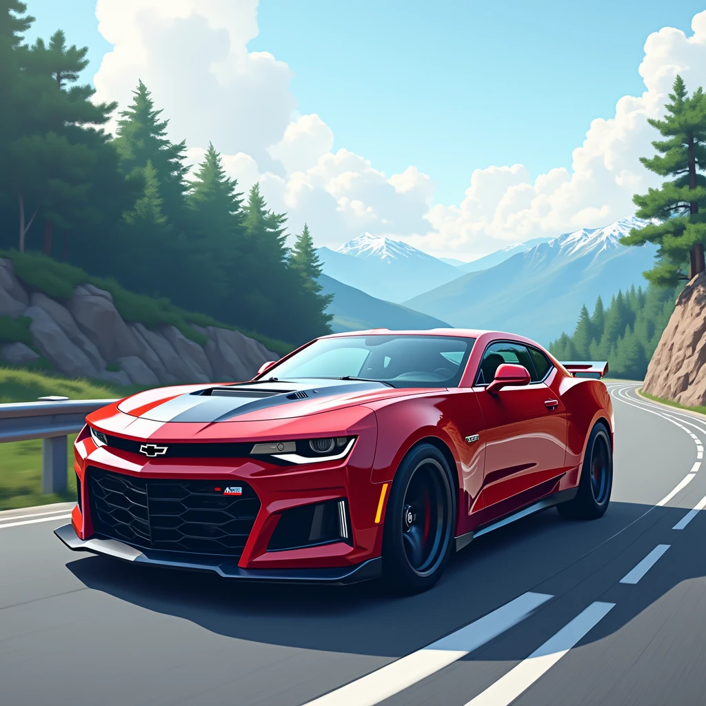 A the Camaro Chevrolet auto Camaro at the start of a mountain road in Japan, ready for the Toge with its details subtly changing to look more like a 2020 model Animation 