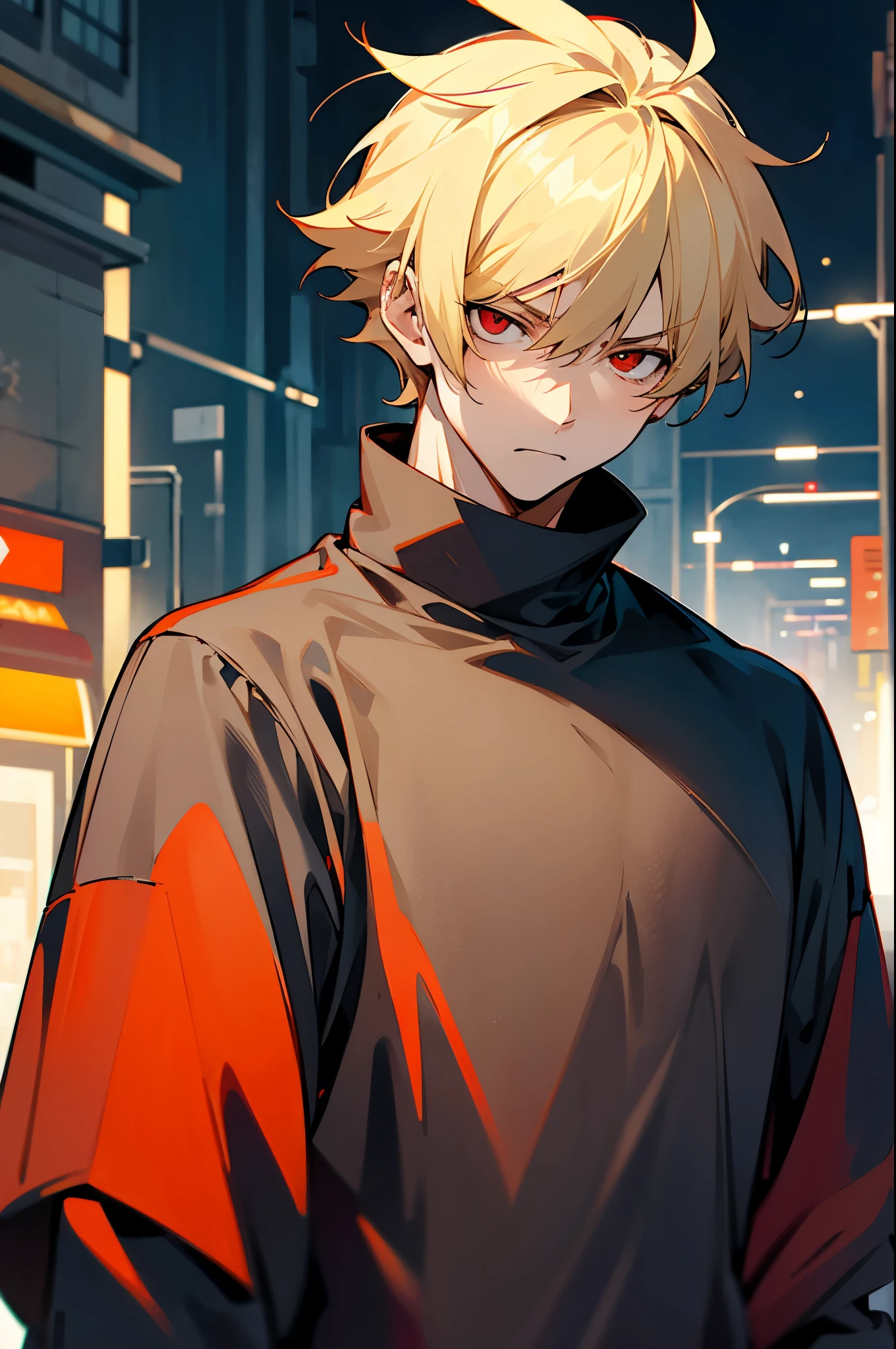 blonde hair, short hair, red eyes, serious face, short hair, messy hair, street background, casual outfit, mature male, lean build