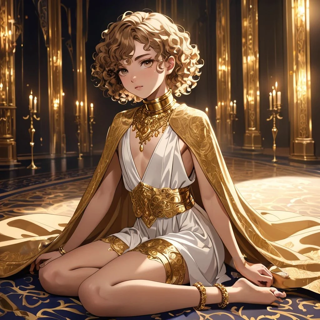 age femboy with short and curly hair, light skin complexion, wearing royal gold neck brace and royal gold anklet, bare feet, wearing a long royal robe that exposes his thigh, luxurious, fancy, rich, soft lighting, intricate details, slightly feminine pose, perfect feet (+++)