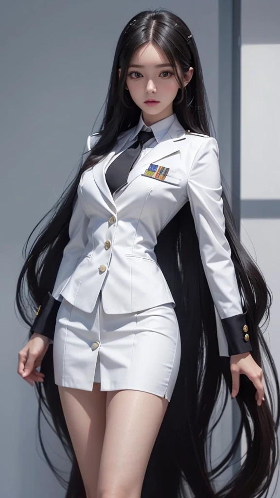 ภาพfull body, business woman, beautiful woman, Decorated with military insignia, military rank pin, flowing inthanu, Wear a suit and tie., Short skirt, businessuitwhite, กระโปรงดินสอสั้นwhite, businessuitรัดรูป, All white outfit, Emphasize the curves of the body, (สาวสวยTwo meter long hair, my hair is very long., extra long hair, long black hair), businessuit, (suitสไตล์อิตาลี, suitสองปุ่ม), (italian dress, white สูท, Set of two buttons), (wear women&#39;s clothes&#39;suit, women&#39;s business suit, white), (สูทผู้หญิงwhite), (เสื้อเชิ้ตwhite), necktie, (necktieสั้นสีดำ, necktieสีดำ, necktieผอม, ถักnecktie), (military rank insignia), (Short pencil skirtwhite), (Dynamic posts), full body, (A gigantic rift), (big breasts, Thin body, small waist, hips raised, small thighs, Long legs), high-heelsสีดำ, (Short pencil skirt, white), Wearing a suit for a business woman, (Wearing a white businesสูท, businessuitหญิงwhite), (tight, military regalia, เสื้อwhite, กระโปรงwhite), Long legs, (black shoes), (Two gold สูท buttons, Two meter long hair, suitเข้ารูป, เสื้อสูทwhiteทรงธรรมดารัดรูป), (black shoes, high-heels), (stand, walk, elegant posture, Dynamic posts), short dress, earring, garden, modeling, ภาพfull body, เหมือนfull body