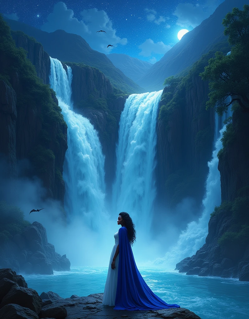 a facial portrait picture of an exquisite beautiful female African vampire standing under the starry night sky at the base of the waterfall, ultra feminine, black skin, dynamic hair color, wavy hair, dynamic eyes color, cold eyes, glowing eyes, intense eyes, dark red lips, wearing white dress, wearing blue cloak, water coming down from a mountain, multi level water falls, several pools created in different levels, forming new waterfalls, water cascading into a pool steam rising, clear water in many hues of blue and azure falling, ultra best realistic, best details, best quality, 16k, [ultra detailed], masterpiece, best quality, (extremely detailed), photorealism, depth of field, hyper realistic painting, sky full of stars background, moon, bats flying about, high details, best quality, 8k, [ultra detailed], masterpiece, best quality, (ultra detailed),