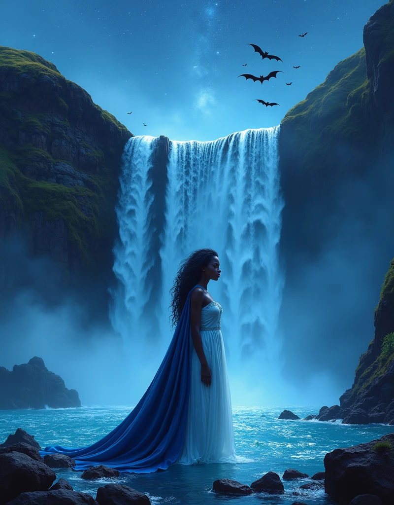 a portrait picture of an exquisite beautiful female African vampire standing under the starry night sky at the base of the waterfall, ultra feminine, black skin, dynamic hair color, wavy hair, dynamic eyes color, cold eyes, glowing eyes, intense eyes, dark red lips, wearing white dress, wearing blue cloak, water coming down from a mountain, multi level water falls, several pools created in different levels, forming new waterfalls, water cascading into a pool steam rising, clear water in many hues of blue and azure falling, ultra best realistic, best details, best quality, 16k, [ultra detailed], masterpiece, best quality, (extremely detailed), photorealism, depth of field, hyper realistic painting, sky full of stars background, moon, bats flying about, high details, best quality, 8k, [ultra detailed], masterpiece, best quality, (ultra detailed),