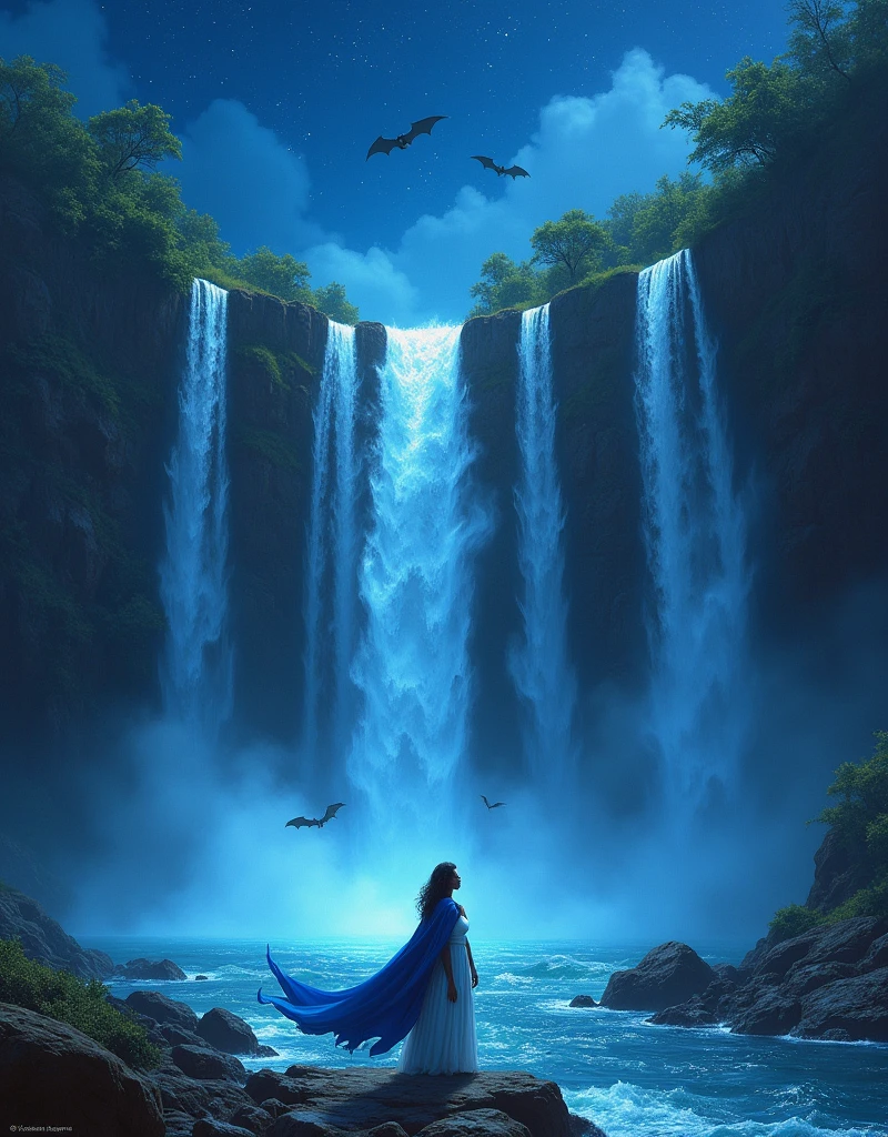 a portrait picture of an exquisite beautiful female African vampire standing under the starry night sky at the base of the waterfall, ultra feminine, black skin, dynamic hair color, wavy hair, dynamic eyes color, cold eyes, glowing eyes, intense eyes, dark red lips, wearing white dress, wearing blue cloak, water coming down from a mountain, multi level water falls, several pools created in different levels, forming new waterfalls, water cascading into a pool steam rising, clear water in many hues of blue and azure falling, ultra best realistic, best details, best quality, 16k, [ultra detailed], masterpiece, best quality, (extremely detailed), photorealism, depth of field, hyper realistic painting, sky full of stars background, moon, bats flying about, high details, best quality, 8k, [ultra detailed], masterpiece, best quality, (ultra detailed),