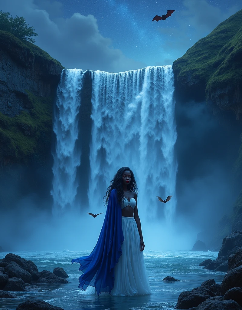 a portrait picture of an exquisite beautiful female African vampire standing under the starry night sky at the base of the waterfall, ultra feminine, black skin, dynamic hair color, wavy hair, dynamic eyes color, cold eyes, glowing eyes, intense eyes, dark red lips, wearing white dress, wearing blue cloak, water coming down from a mountain, multi level water falls, several pools created in different levels, forming new waterfalls, water cascading into a pool steam rising, clear water in many hues of blue and azure falling, ultra best realistic, best details, best quality, 16k, [ultra detailed], masterpiece, best quality, (extremely detailed), photorealism, depth of field, hyper realistic painting, sky full of stars background, moon, bats flying about, high details, best quality, 8k, [ultra detailed], masterpiece, best quality, (ultra detailed),