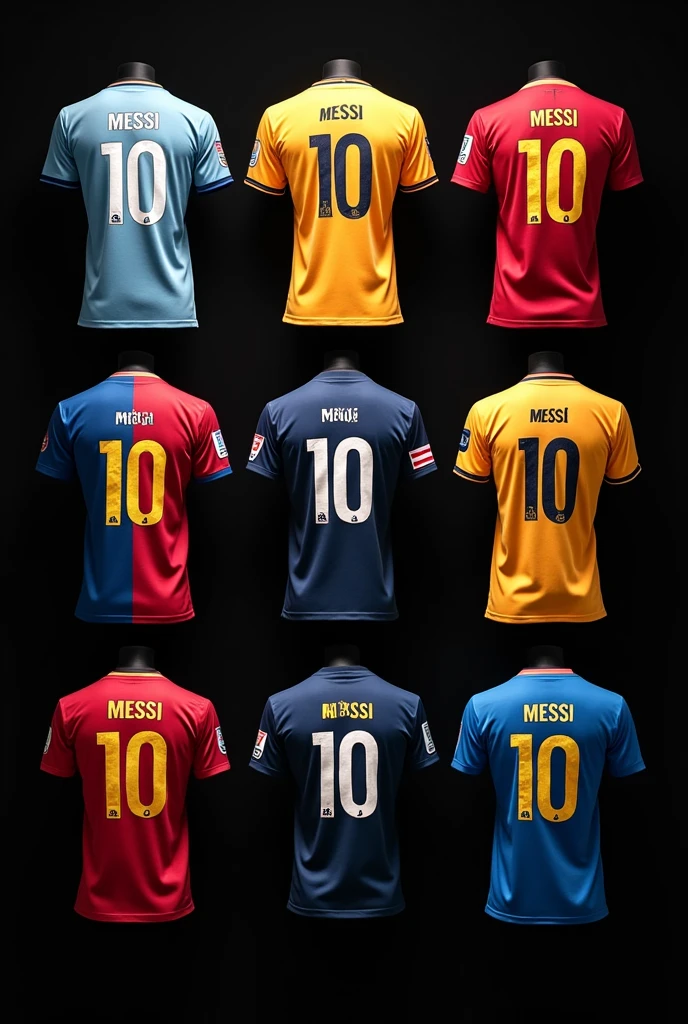 T-shirts of the 9 teams with the most beautiful design that Messi has ever had, on the back with the number 10,
arranged in rows of three t-shirts on a black background