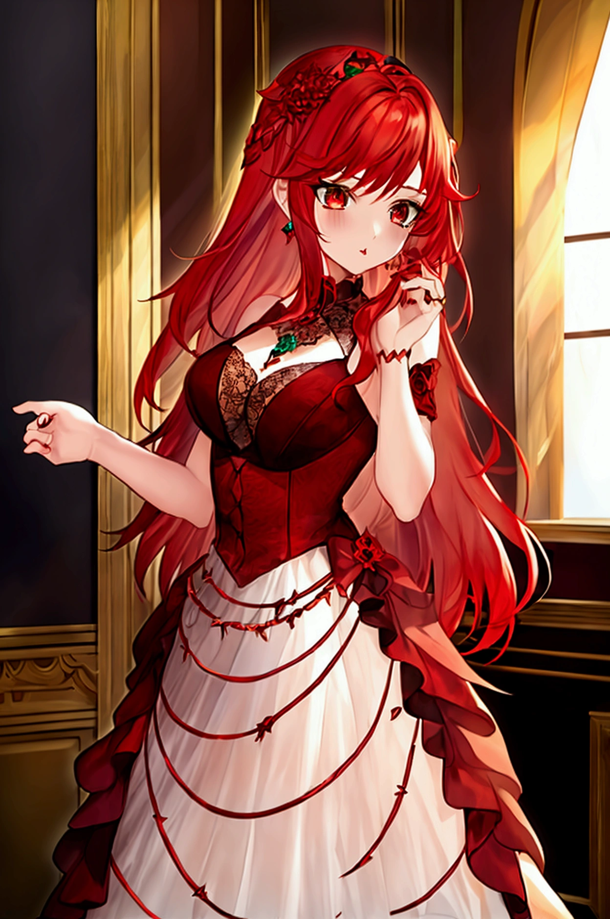 a girl with red hair red eyes tough gothic manner kissing brown hair green eyes royal princess dress anime style
