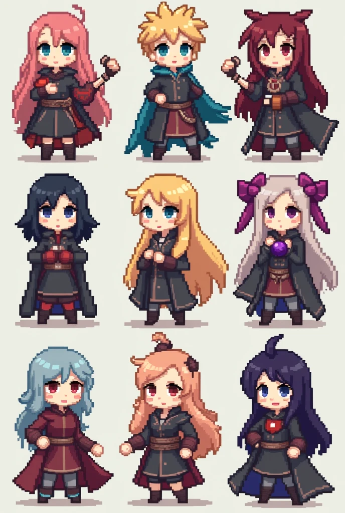 Eight pixelated characters from a magic game containing male and female characters and a 2D game.