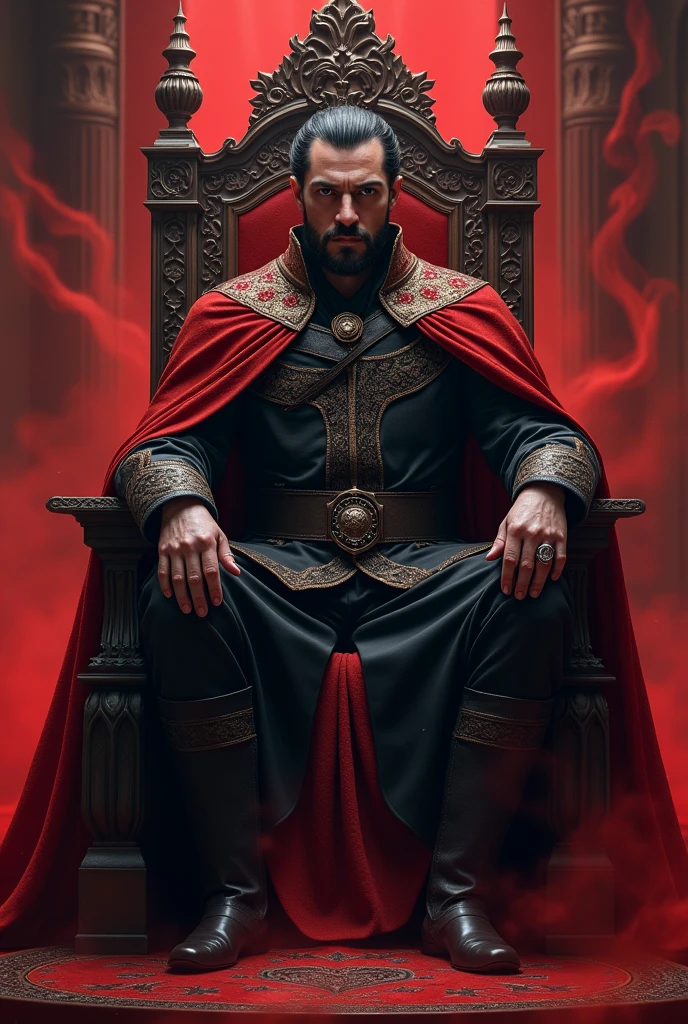 Vlad tepes the impaler sitting on the red dragon throne. His countenance is serious and confident. His throne is decorated with red dragons. Your face is beautiful. There is red smoke around. The style is gothic. He wears a ring with the coat of arms of the Order of the Dragon on his finger.. PICTURE REALISTIC. He is in his castle in the main hall where his throne is and around him is the court and his subjects.. His courtiers are present. Its cape is long and elegant