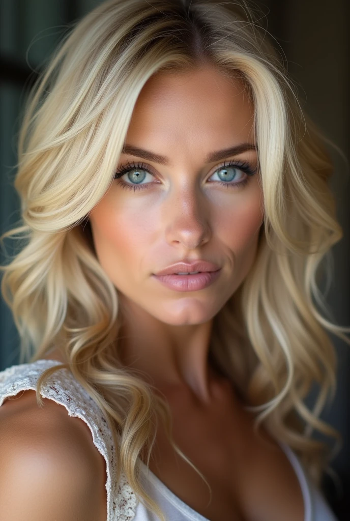 ((BLONDE)), ((BIGGER BREASTED)), (Pretty face), (structured jaw line), (Beautiful Woman), White, woman, blue eyes, her name is Sue, wanting me, cute nose, plump lips, age 35, fuller breasts, bigger breasted, bustier, career-driven woman