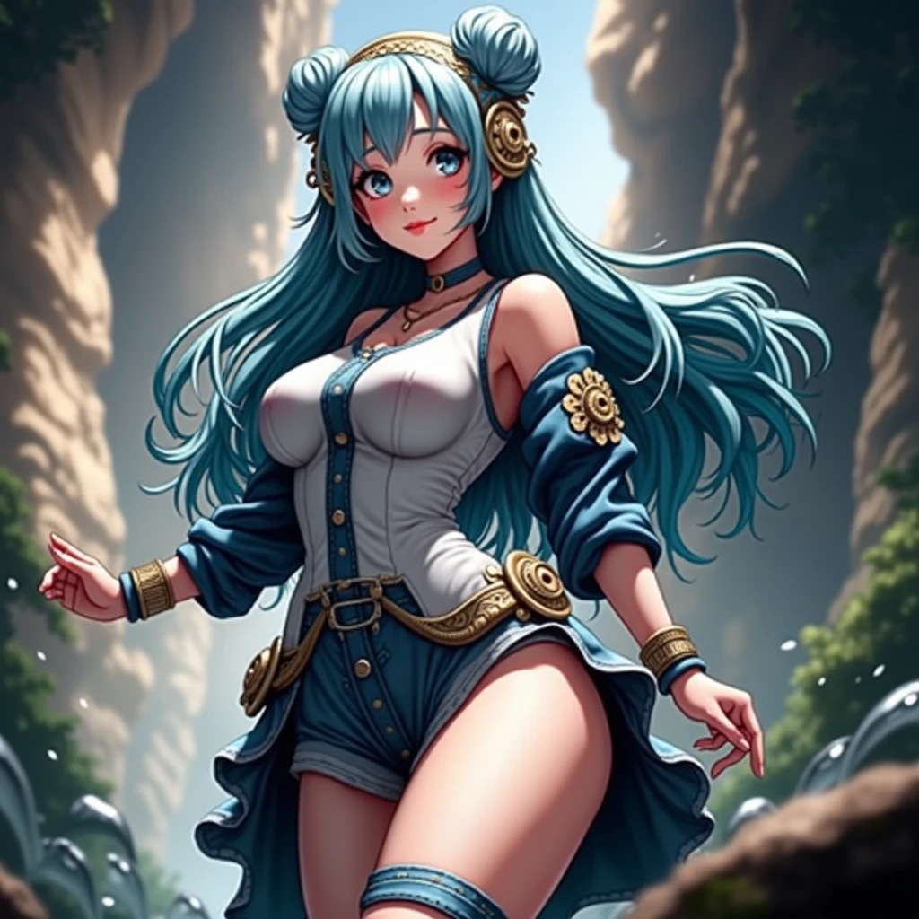 (best quality,ultra-detailed,realistic:1.37),cute anime girl,light blue hair,detailed eyes,detailed lips,smiling,wearing a cute outfit,cheerful expression,vibrant colors,soft lighting,anime style,fantasy background,playful pose,beautifully illustrated, vtuber