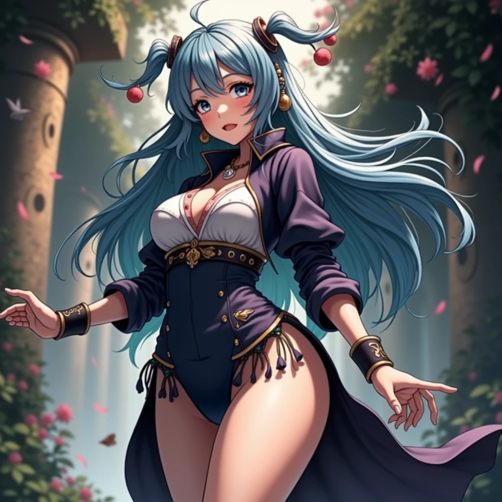 (best quality,ultra-detailed,realistic:1.37),cute anime girl,light blue hair,detailed eyes,detailed lips,smiling,wearing a cute outfit,cheerful expression,vibrant colors,soft lighting,anime style,fantasy background,playful pose,beautifully illustrated, vtuber