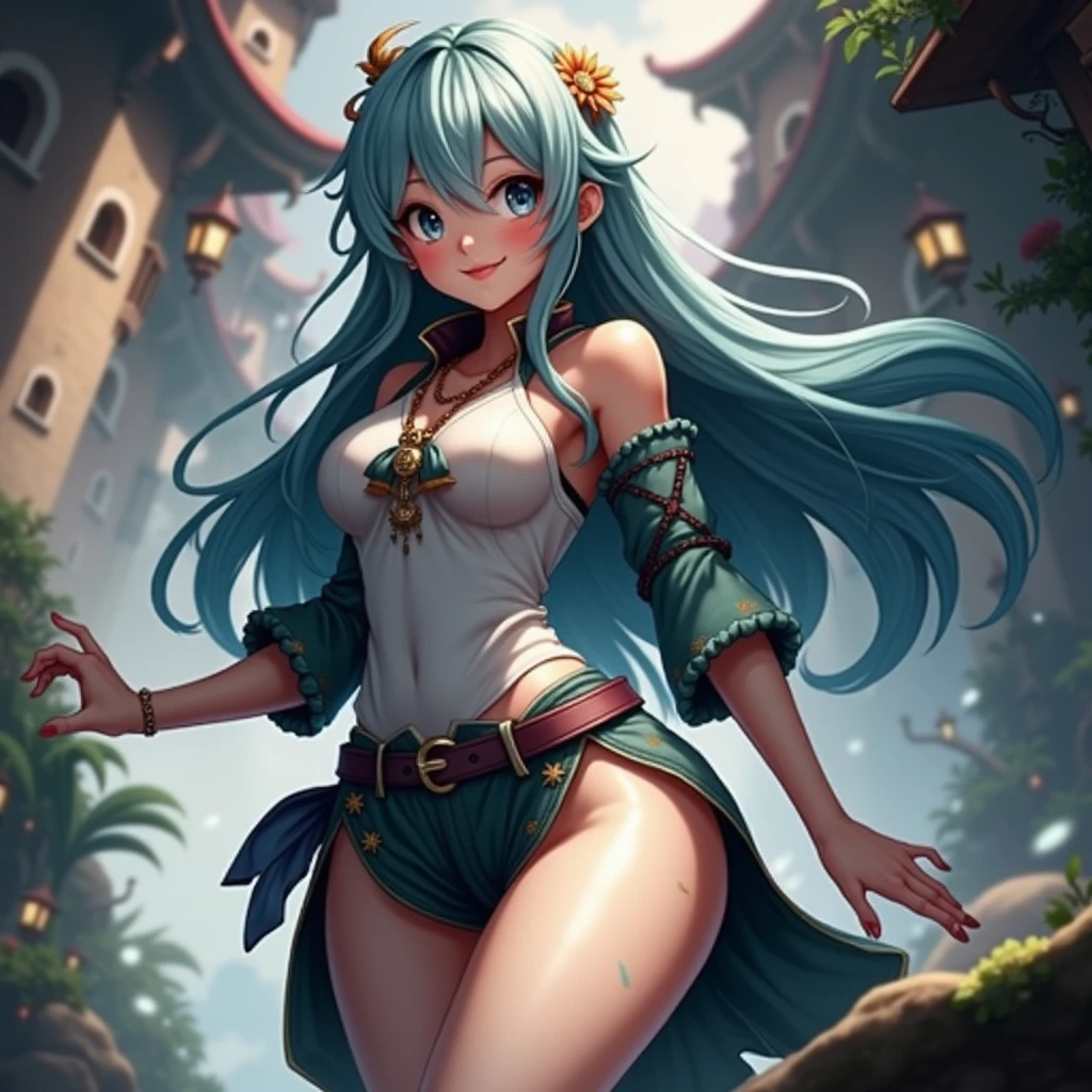 (best quality,ultra-detailed,realistic:1.37),cute anime girl,light blue hair,detailed eyes,detailed lips,smiling,wearing a cute outfit,cheerful expression,vibrant colors,soft lighting,anime style,fantasy background,playful pose,beautifully illustrated, vtuber