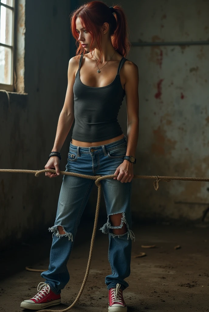 high quality, high resolution, extreme detail, masterpiece, Jill valentine, tied up by rope, in the basement,bondage, restrained mud, angry, blue rip tanktop, blue jeans, chucks
