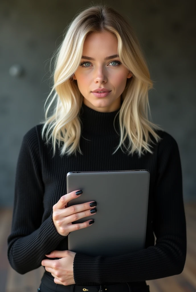 beautiful white-skinned girl, medium-blonde hair, with bright sparkling eyes, shiny skin, beautiful black manicure, beautiful nails, pearl skin, holding a laptop in her hands, in a black sweater and a black long skirt, beautiful detailed fingers, professional photo, 4k, high resolution, high detail, aesthetically pleasing, beautiful, realistic, looking straight ahead