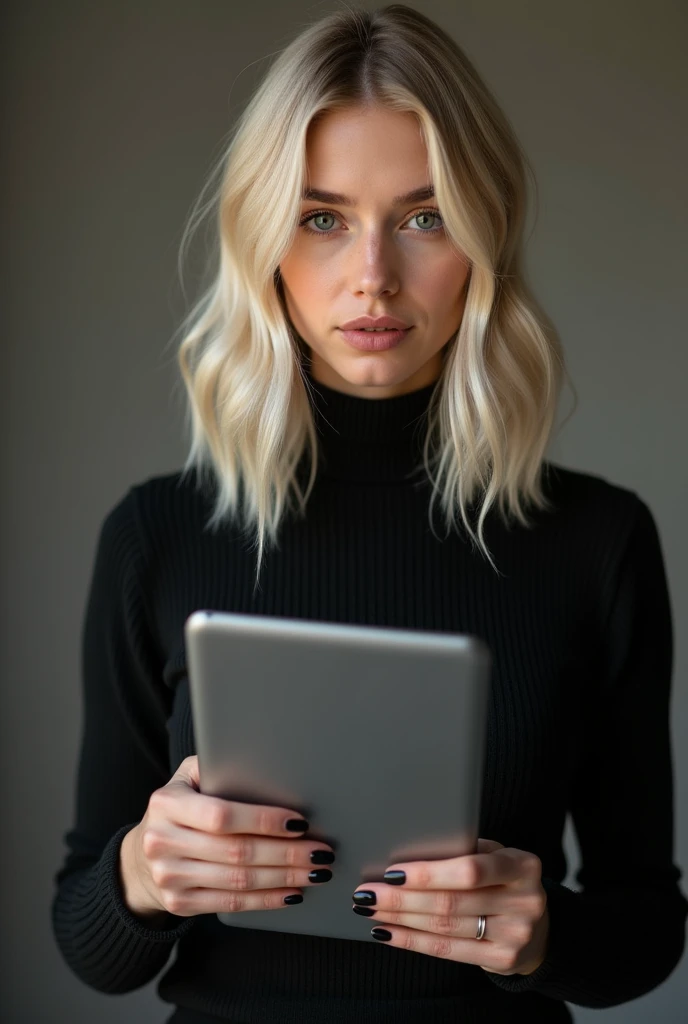 beautiful white-skinned girl, medium-blonde hair, with bright sparkling eyes, shiny skin, beautiful black manicure, beautiful nails, pearl skin, holding a laptop in her hands, in a black sweater and a black long skirt, beautiful detailed fingers, professional photo, 4k, high resolution, high detail, aesthetically pleasing, beautiful, realistic, looking straight ahead