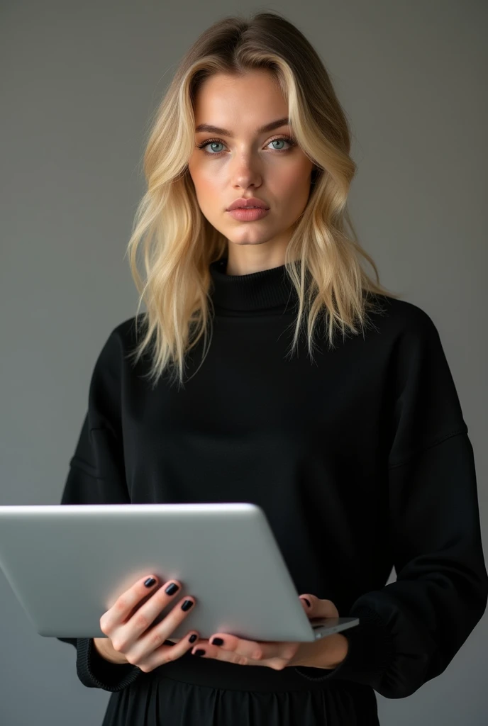 beautiful white-skinned girl, medium-blonde hair, with bright sparkling eyes, shiny skin, beautiful black manicure, beautiful nails, pearl skin, holding a laptop in her hands, in a black sweater and a black long skirt, beautiful detailed fingers, professional photo, 4k, high resolution, high detail, aesthetically pleasing, beautiful, realistic, looking straight ahead