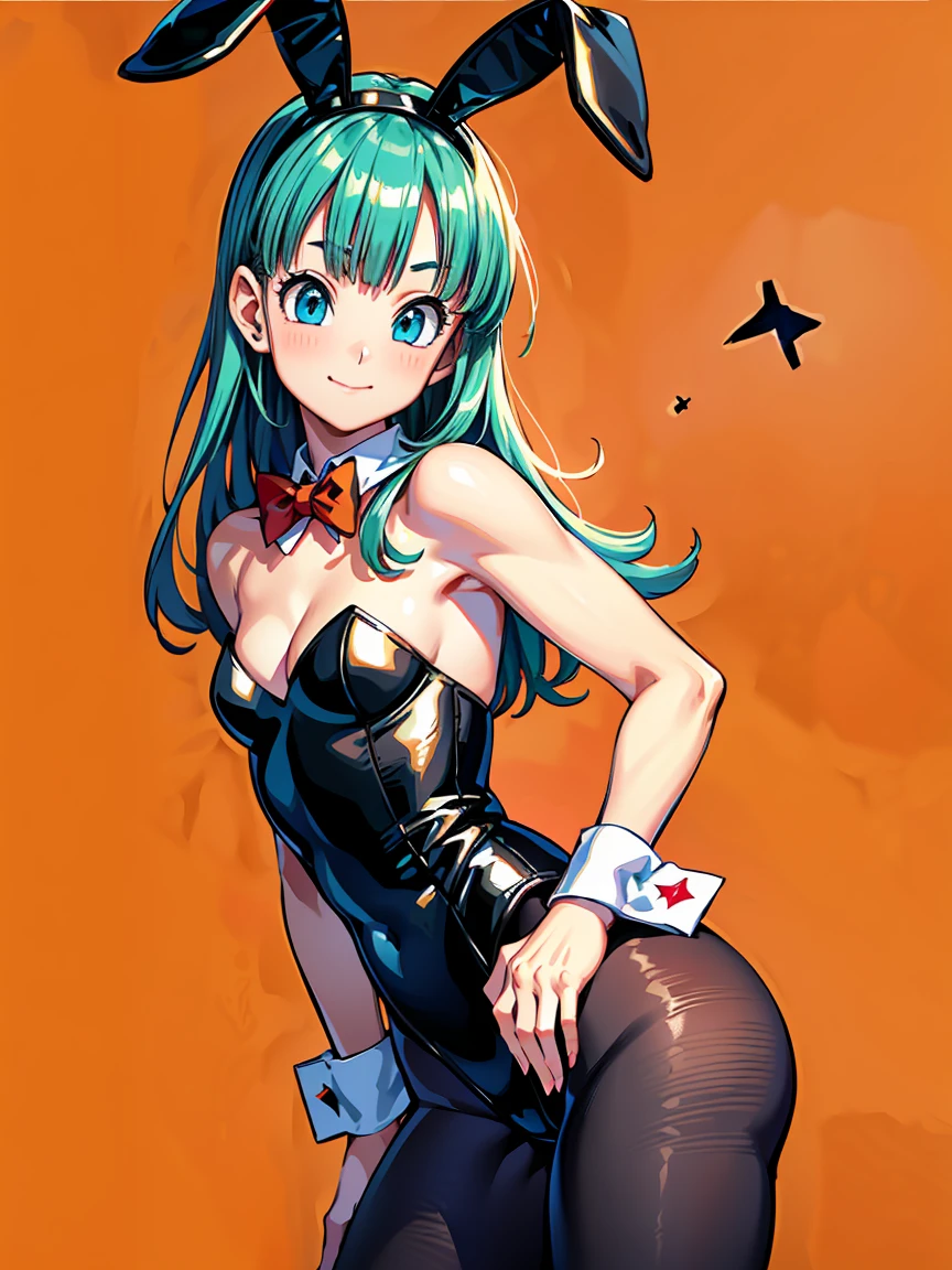 (8k, surreal,最high quality, high quality, High resolution, high quality texture, masterpiece:1.2, Detailed CG,detailed texture, unreal engine), digital rendering technology, (small face, realistic expression), (high detail skin:1.2), dragon ball, blmlong, aqua hair, blunt bangs, long hair, playboy bunny, rabbit ears, black pantyhose, red bowtie, wrist cuffs, black leotard, large breasts, wave with a smile:1.5, (((red star on orange background))),leans forward, , hands in cleavage, tease, little showing