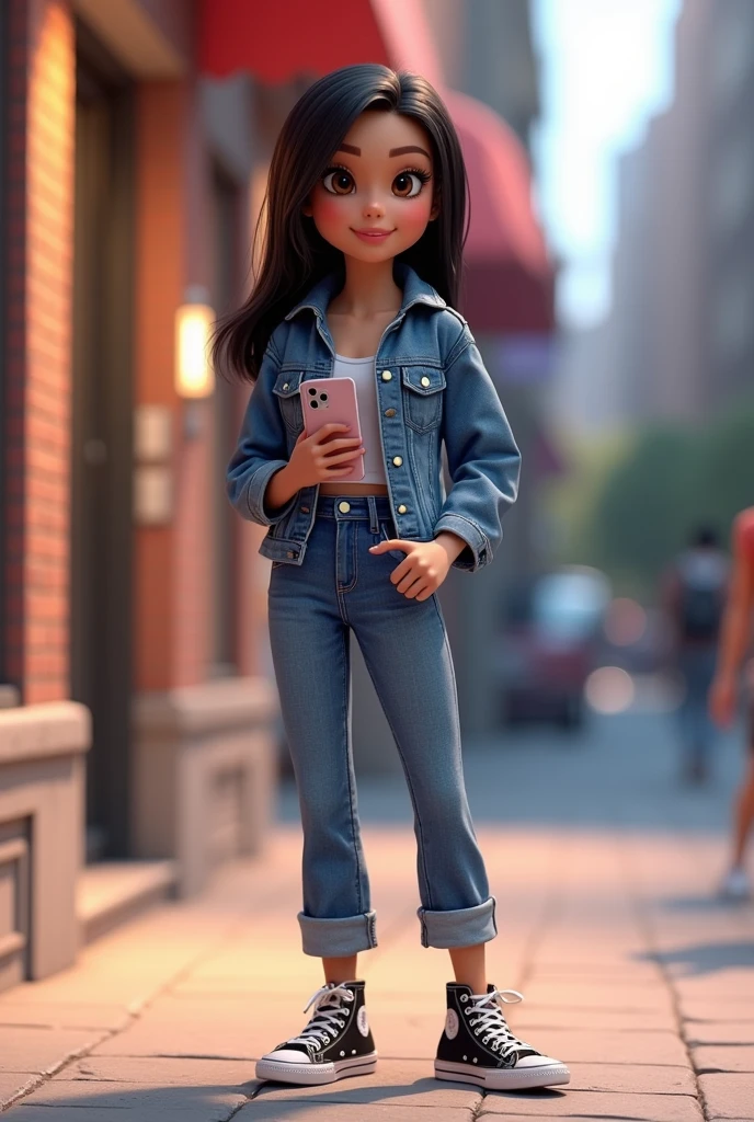 3D character from Disney animation, Pixar style, full body, smiling, brown eyes with beautiful eyelashes, the glamorous one, shoulder-length straight black hair, denim clothes, jacket, black tennis shoes, clean bottom. cinematic lighting, ray tracing, high details, 3D rendering with hands on waist and holding an iPhone