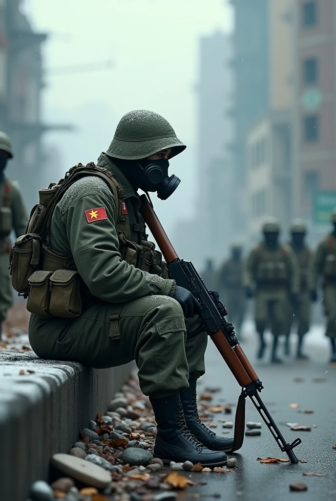 A Chinese soldier in a gas mask sits on the road with an AK-74 against the background of similar soldiers and broken skyscrapers(it&#39;s snowing)