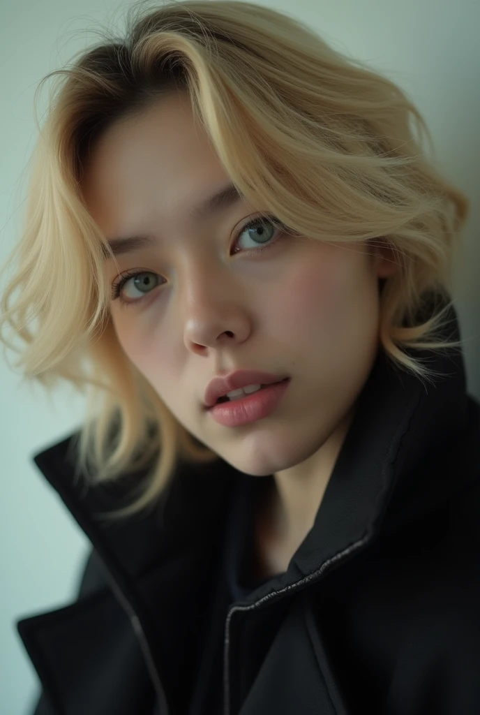 A close-up with a black jacket, BM's CARD is kpop, with serious eyes, medium long blonde hair.