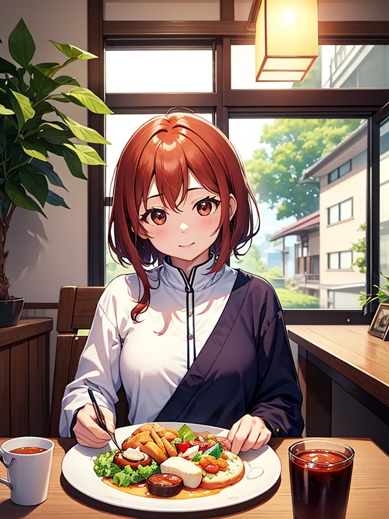 There is a woman sitting at a table with a plate of food, An image inspired by Cheng Shifa, tumblr, what is?, 27 years old, chiho, 28 years old, 29 years, front profile!!!!, ayamin who, 38 years, Nishimiya Shouko, sakimi-chan, Nivanh Chanthara