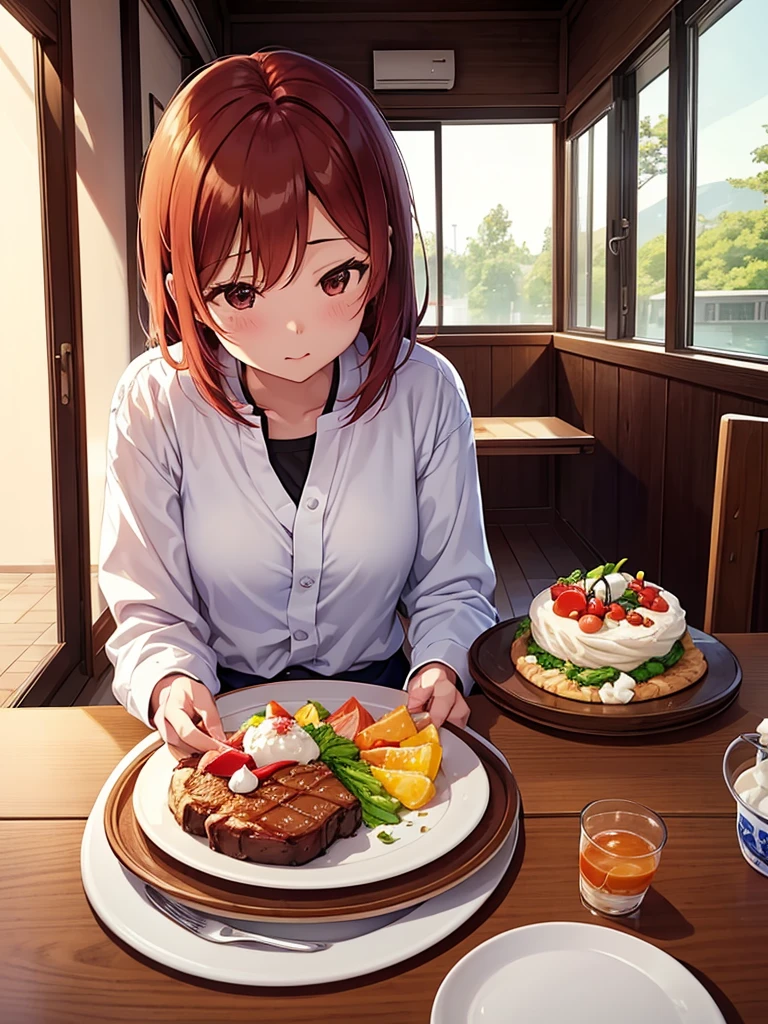 There is a woman sitting at a table with a plate of food, An image inspired by Cheng Shifa, tumblr, what is?, 27 years old, chiho, 28 years old, 29 years, front profile!!!!, ayamin who, 38 years, Nishimiya Shouko, sakimi-chan, Nivanh Chanthara