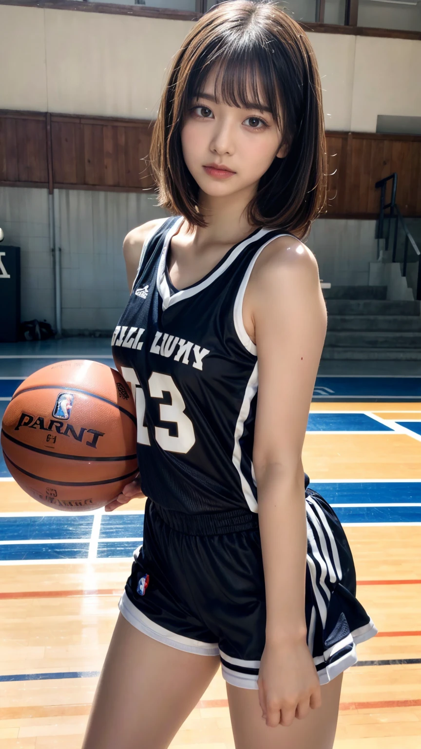 masterpiece, best quality, illustration, Super detailed, fine details, High resolution, 8K,wall paper, perfect dynamic composition,(Details High quality, realistic depiction of eyes:1.3), (highest quality), (High resolution), (very delicate and beautiful),(Beautiful 8K face), (NBA),(basketball sportswear),(play basketball),(reality), large breasts, ((gymnasium)), very short hair, black hair color, Big Natural Color Lip, bold sexy pose, crying a little、Harajuku style、20 year old girl、cute type、lolita, hposing Gravure Idol, full body photo、focus on crotch、thighs exposed, (standing)