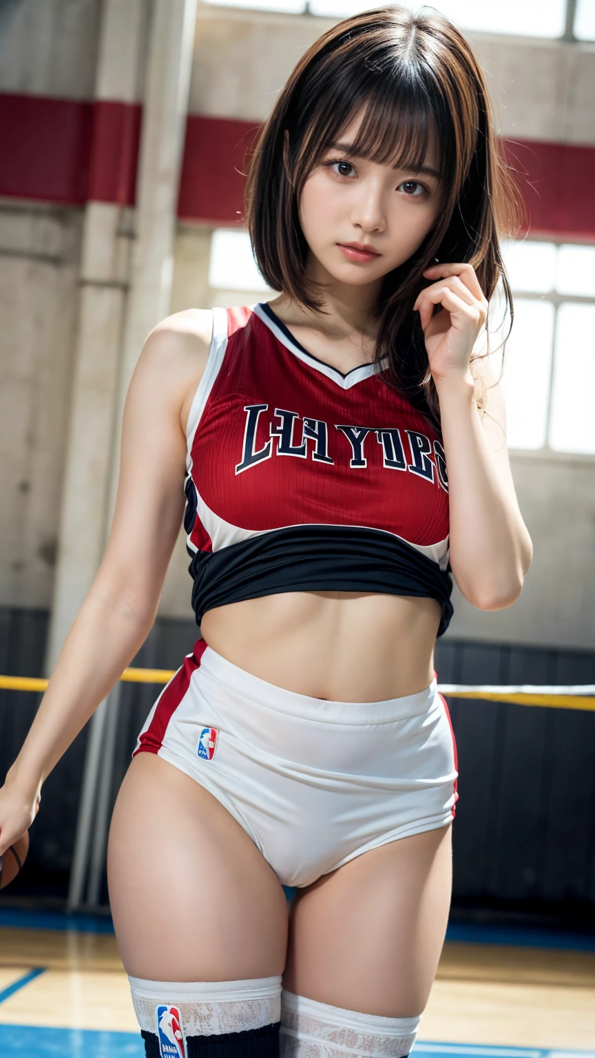 masterpiece, best quality, illustration, Super detailed, fine details, High resolution, 8K,wall paper, perfect dynamic composition,(Details High quality, realistic depiction of eyes:1.3), (highest quality), (High resolution), (very delicate and beautiful),(Beautiful 8K face), (NBA),(basketball sportswear),(play basketball),(reality), large breasts, ((gymnasium)), very short hair, black hair color, Big Natural Color Lip, bold sexy pose, crying a little、Harajuku style、20 year old girl、cute type、ta, hposing Gravure Idol, full body photo、focus on crotch、thighs exposed, (standing)