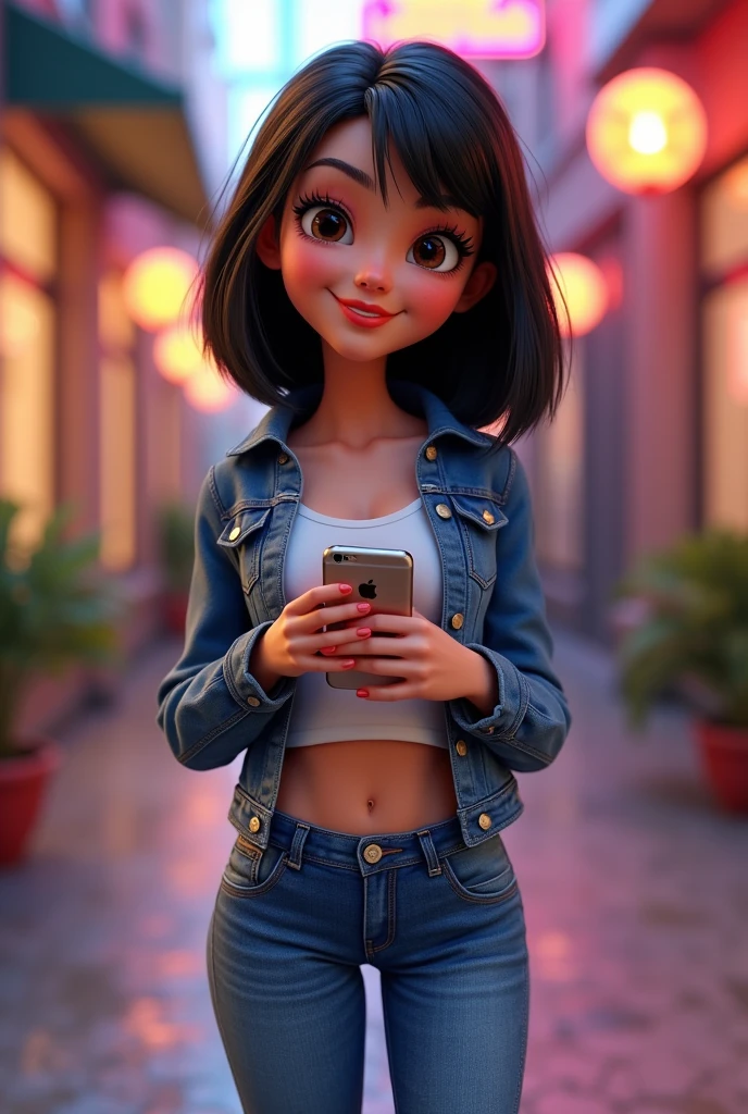 3D character from Disney animation, Pixar style, full body, smiling, brown eyes with beautiful eyelashes, the glamorous one, shoulder-length straight black hair, denim clothes, jacket, black tennis shoes, clean bottom. cinematic lighting, ray tracing, high details, 3D rendering with hands on waist and holding an iPhone 