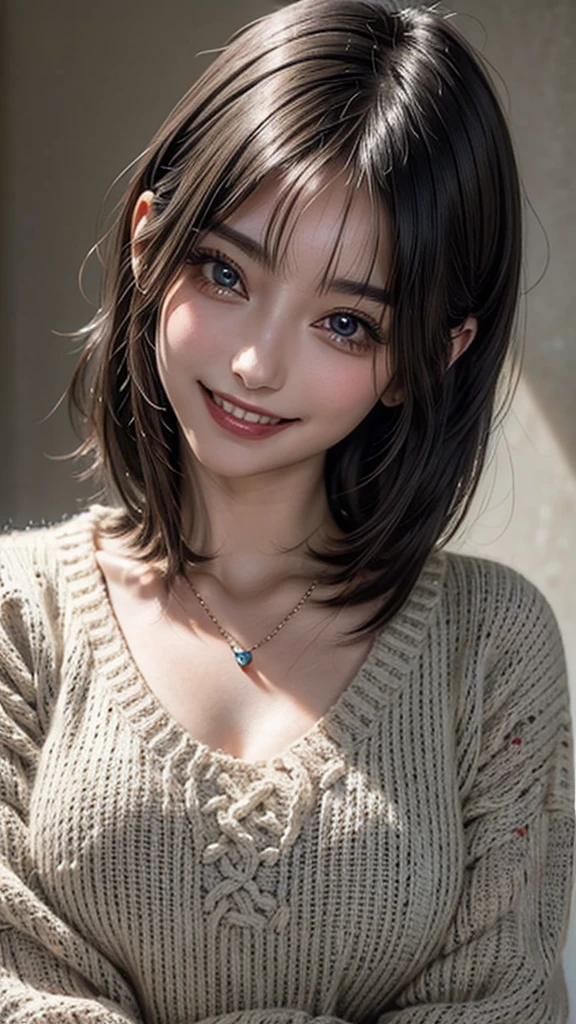 ((Beautiful Face:1.2)), (Purelos Face_v1: 1.0), (Highest quality, 8k, 32K, masterpiece, Ultra-high resolution:1.2),Beautiful Japanese Women Photos, Large Breasts, Very short bob hair,Upper Body,(Extra Large_sweater,:1.2) necklace, Simple Background, Look around,((smile))