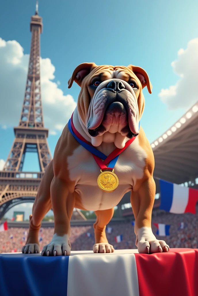 Make an image of a bulldog dog winning a medal at the Paris France Olympic Games