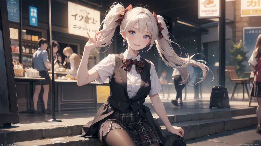 absurdres, absolutely resolution, incredibly absurdres, high res, high sharpness, ultra detailed, official art, unity 8k wallpaper,
BREAK
1 girl, soro, twintails, bow, cardigan vest, short sleeve shirt, plaid skirt, over black legwear, loafers, smile, Sexual girl, Dressy styles that are glamorous and pretty, with an emphasis on cuteness,  pop designs