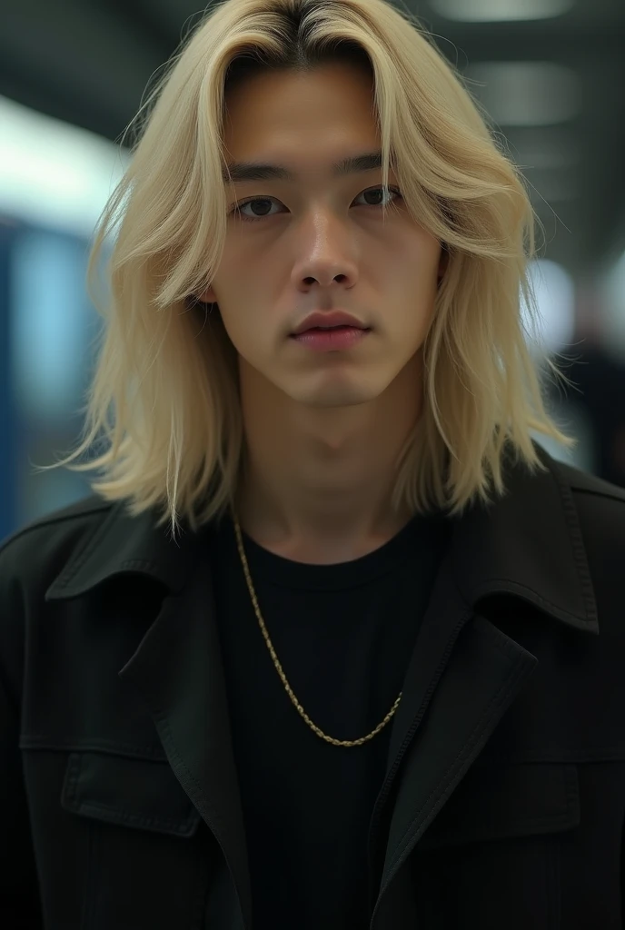 A close-up with a black jacket, BM's CARD is kpop, with serious eyes, medium long blonde hair, man.