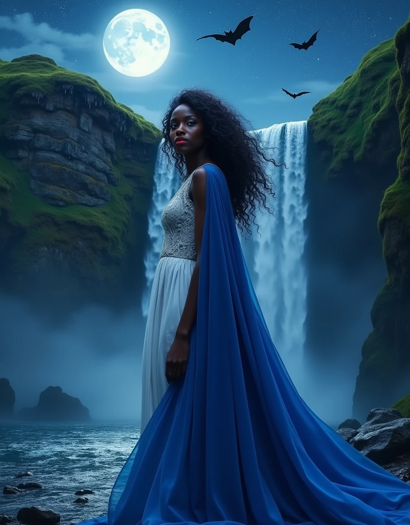 a portrait picture of an exquisite beautiful female African vampire standing under the starry night sky at the base of the waterfall, ultra feminine, black skin, dynamic hair color, wavy hair, dynamic eyes color, cold eyes, glowing eyes, intense eyes, dark red lips, wearing white dress, wearing blue cloak, ultra best realistic, best details, best quality, 16k, [ultra detailed], masterpiece, best quality, (extremely detailed), photorealism, depth of field, hyper realistic painting, sky full of stars background, moon, bats flying about, high details, best quality, 8k, [ultra detailed], masterpiece, best quality, (ultra detailed),