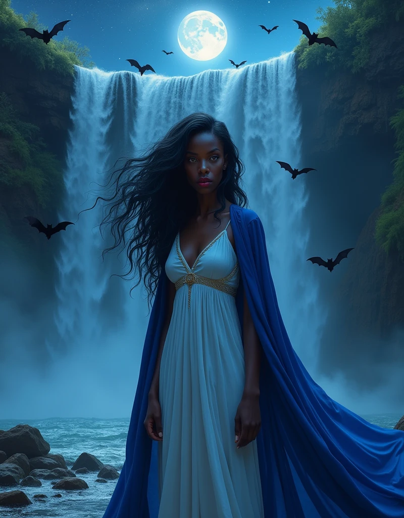 a portrait picture of an exquisite beautiful female African vampire standing under the starry night sky at the base of the waterfall, ultra feminine, black skin, dynamic hair color, wavy hair, dynamic eyes color, cold eyes, glowing eyes, intense eyes, dark red lips, wearing white dress, wearing blue cloak, ultra best realistic, best details, best quality, 16k, [ultra detailed], masterpiece, best quality, (extremely detailed), photorealism, depth of field, hyper realistic painting, sky full of stars background, moon, bats flying about, high details, best quality, 8k, [ultra detailed], masterpiece, best quality, (ultra detailed),