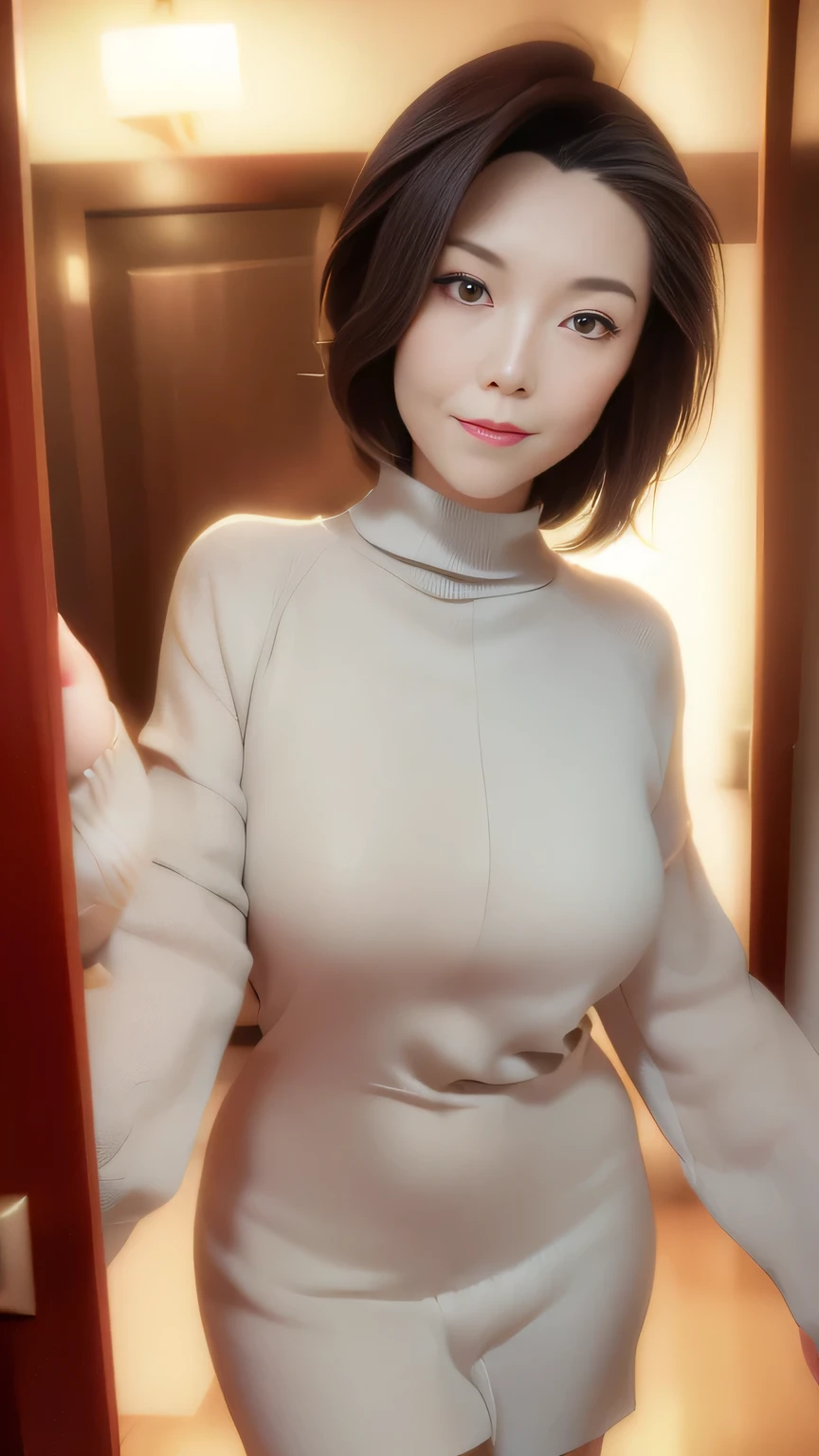 (High reality photograph, high resolusion, detailed face, detailed eyes) Skinny Japanese lady, 30 years old, cute face, various face expression, various hair style, skinny figure, very small breasts, very thin waist, in a hotel lobby, tight knit dress