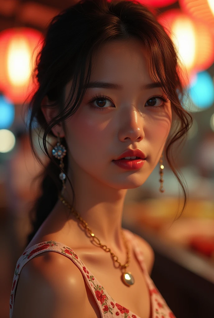 There is a woman with a collar and a necklace, wlop shiny skin, beautiful realisti photo, detailed face of an Asian girl, realisti. cheng yi, soft portrait photo 8 k, ultra-realisti digital art, beautiful photorealisti imagery, hyper realisti digital art, highly realisti photo, hyperrealisti beautiful face, hyper realisti illustration, highly realisti digital art full body, long legs, high heels at a night food market 