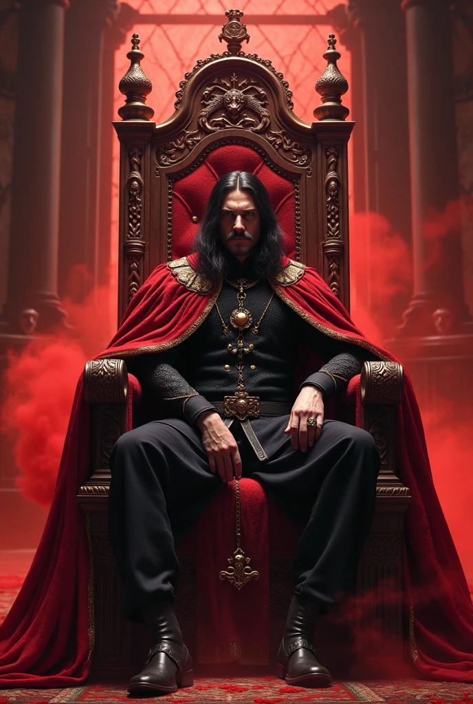 (((Vlad the tapestress))) sitting on the red dragon throne. His countenance is serious and confident. His throne is decorated with red dragons. Your face is beautiful. There is red smoke around. The style is gothic. He wears a ring with the coat of arms of the Order of the Dragon on his finger.. PICTURE REALISTIC. He is in his castle in the main hall where his throne is and around him is the (((court and its subjects.))) His courtiers are present. Its cape is long and elegant