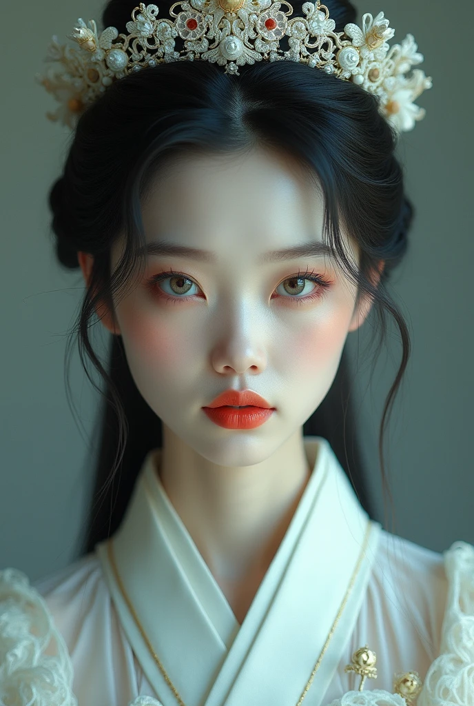 SHE IS A WOMAN, had white eyes and hair,  long white eyelashes and white eyebrows, little red lips, white complexion without any blemish, exquisite faces, but devoid of emotions, with a princess crown on her head and dressed in ancient Chinese clothes. 
