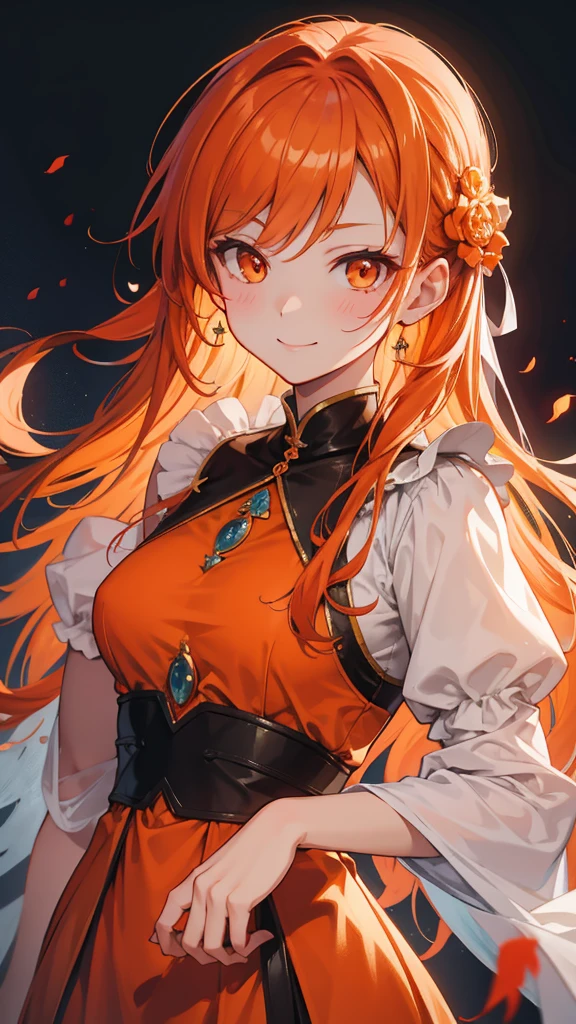 [[[ ultra-detailed, best quality, soft skin, beautiful face, masterpiece, close-up, western medieval setting, anime]]] orange hair, orange eyes, ghost, eastern clothes, smiling, ethereal, smirking, blushing, long hairstyle