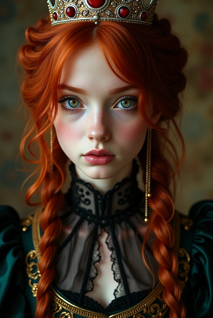 a girl with red hair red eyes tough gothic way kissing brown hair green eyes royal princess dress