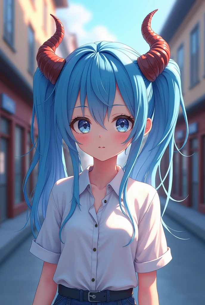 Anime girl with blue hair and horns on a street, 3D realistic anime, 2. 5 d cgi anime fantasy artwork, anime style 3d, anime style. 8k, 4k anime style, 3d style realistic anime, deviantart artstation cgscosiety, digital anime art, guweiz style art art, detailed digital anime art, white shirt, dragon wings