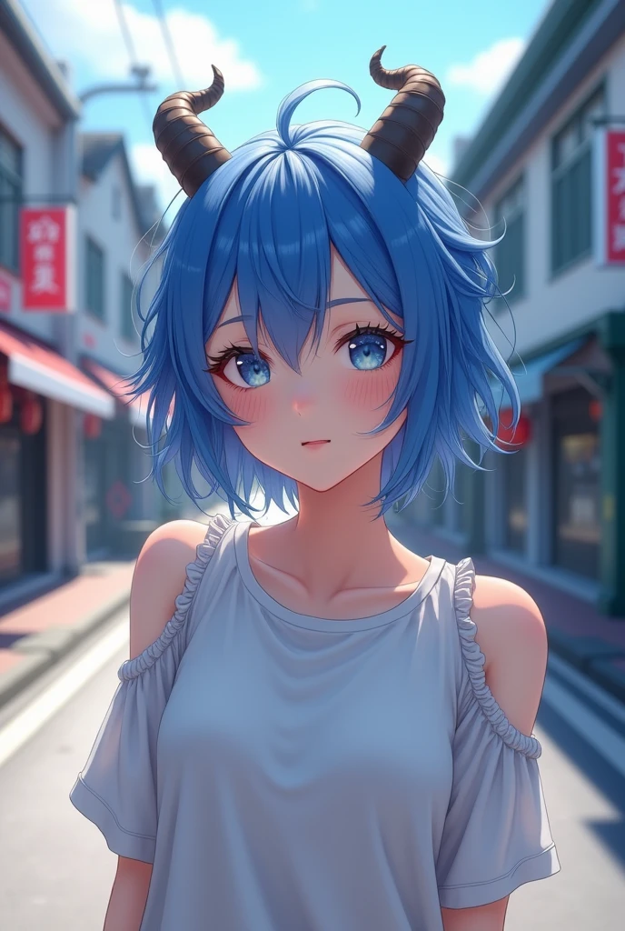 Anime girl with blue hair and horns on a street, 3D realistic anime, 2. 5 d cgi anime fantasy artwork, anime style 3d, anime style. 8k, 4k anime style, 3d style realistic anime, deviantart artstation cgscosiety, digital anime art, guweiz style art art, detailed digital anime art, white shirt, dragon wings