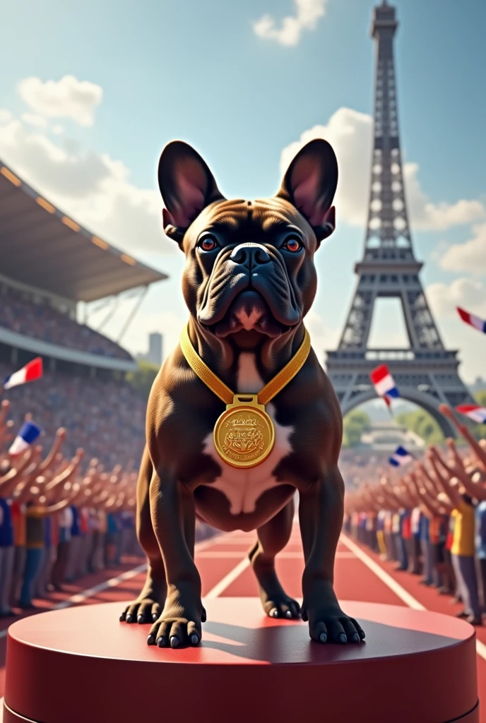 Make an image of a French bulldog dog winning a medal at the Paris Olympic Games in France