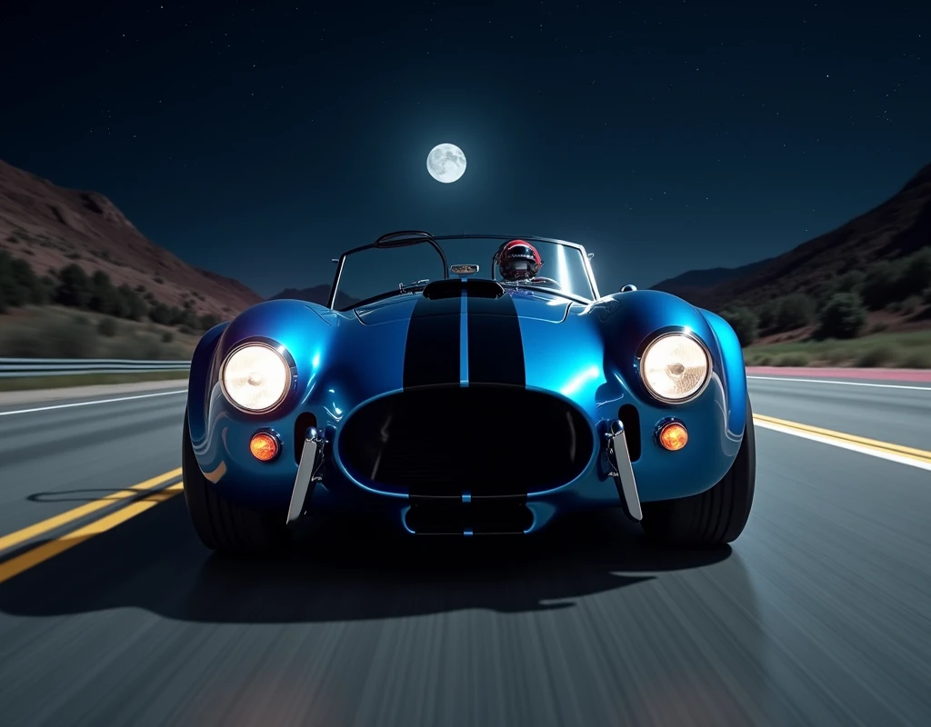 A cinematic wide-angle shot captures a gleaming 1966 glossy blue with black race strip down the center of the hard top Shelby Cobra 427 Super Snake headlight beams piercing the darkness as it speeds down the road at night, stars and moon bold in the dark of night, every detail - from the gleaming wheels to the sculpted fenders - a testament to masterful realism., Hyperrealism, high detail, retina, masterpiece, accurate, anatomically correct, textured skin, super detail, high quality, award winning, highres, 4K, 8k, 16k