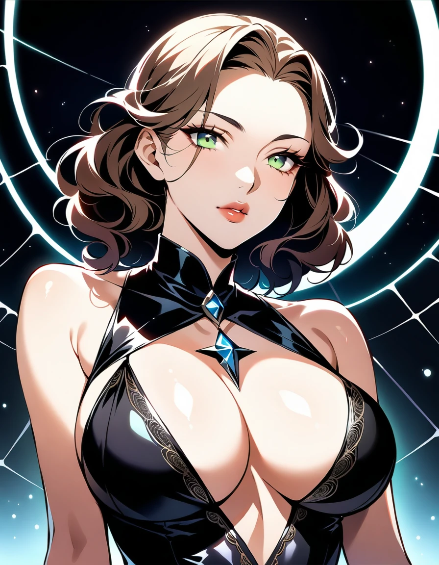 nsfw, 1Mature Female, A Bewitching older woman, 35 years old, evil femme fatale, sexy MILF, solo, aesthetic, peerless beauty, Glossy brunette wavy hair, Beautifully styled French roll hairstyle, Narrow forehead, thin arched eyebrows, double eyelids, dark green eyes, highlight on eyes, eyes reflection, beautiful nose, beautiful nostrils, Lustful full lips, dark lipstick, glossy lips, sharp jawline, Glamor, soft and curvy, honey-colored glistening skin, super detailed skin, glossy skin, Feminine neckline, thin collarbone, deep cleavage, saggy huge breasts, (perfect anatomy, ideal facial features, ideally proportioned figure, perfectly beautiful body, an extremely delicate and beautiful, beautiful detailed face, beautiful detailed hair, beautiful detailed eyes, beautiful detailed nose, beautiful nose bridge, beautiful detailed nostrils, beautiful detailed lips), (close-up photography of upper body, boast pompously, focus on entire screen, asymmetrical, masterpiece, official art, work of art, Award-winning work, extreme quality, ultra high definition, finely detail, magnificent illustration, extremely beautiful CG, high definition pictures, all intricate, raytraced, caustics, textile shading, incredibly absurd res, absolutely resolution, ultra high res, 16k),(Madame Spider is a bewitching and beautiful widow. Her outfit is made of satin, with a smooth black dress, long black gloves, and black stockings, all of which are embroidered with spider web patterns, and her feet are also adorned with black patent leather stiletto heels.),