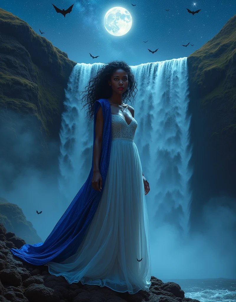 a anime portrait picture of an exquisite beautiful female African vampire standing under the starry night sky at the base of the waterfall, ultra feminine, black skin, dynamic hair color, wavy hair, dynamic eyes color, cold eyes, glowing eyes, intense eyes, dark red lips, wearing white dress, wearing blue cloak, ultra best realistic, best details, best quality, 16k, [ultra detailed], masterpiece, best quality, (extremely detailed), photorealism, depth of field, hyper realistic painting, sky full of stars background, moon, bats flying about, high details, best quality, 8k, [ultra detailed], masterpiece, best quality, (ultra detailed),